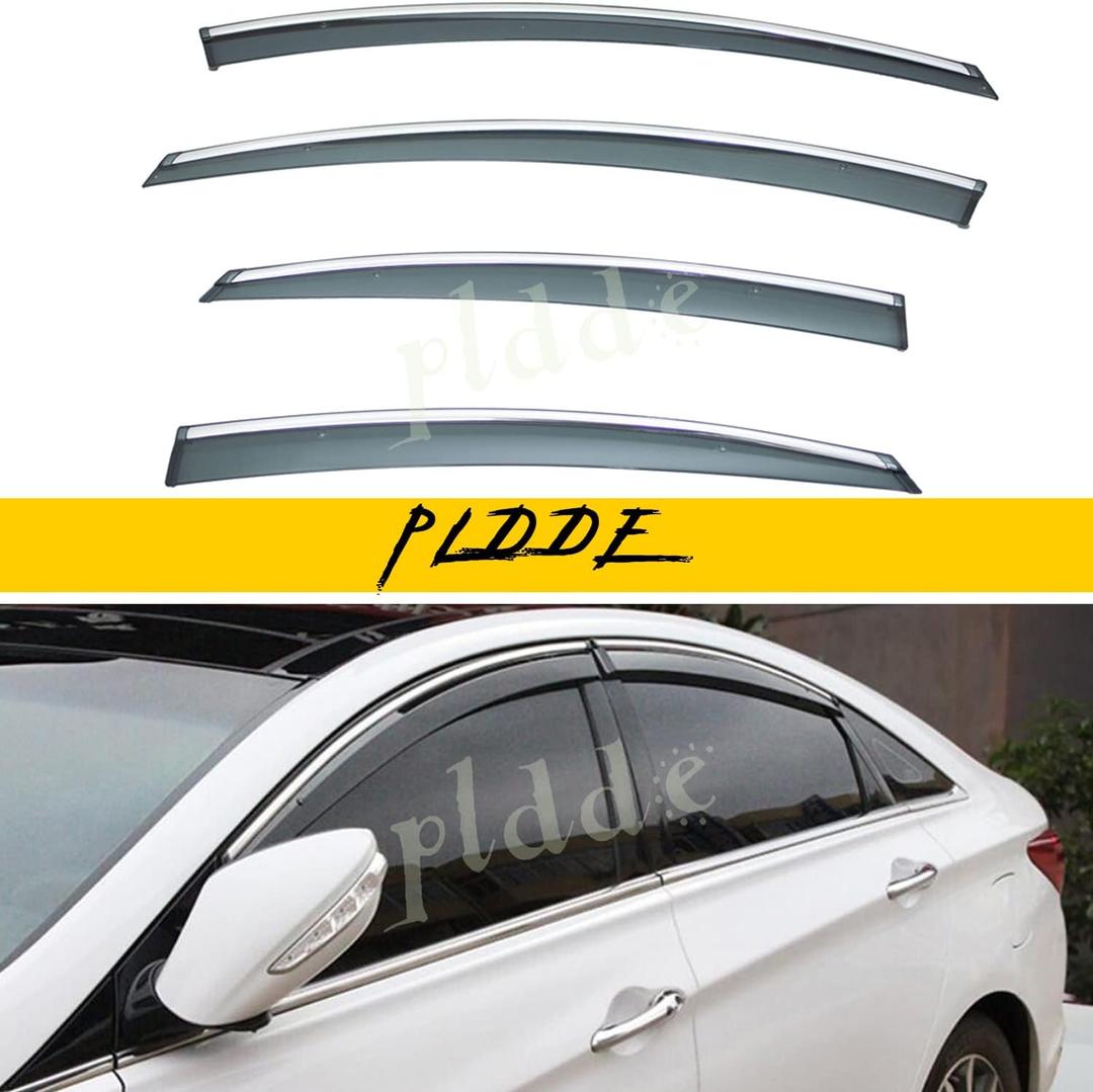 4pcs Window Visors Compatible with 11-14 Sonata i45 YF 15 Hybrid Smoke Tint with Chrome Trim Outside Mount Tape On/Clip On Style PVC Sun Rain Guard