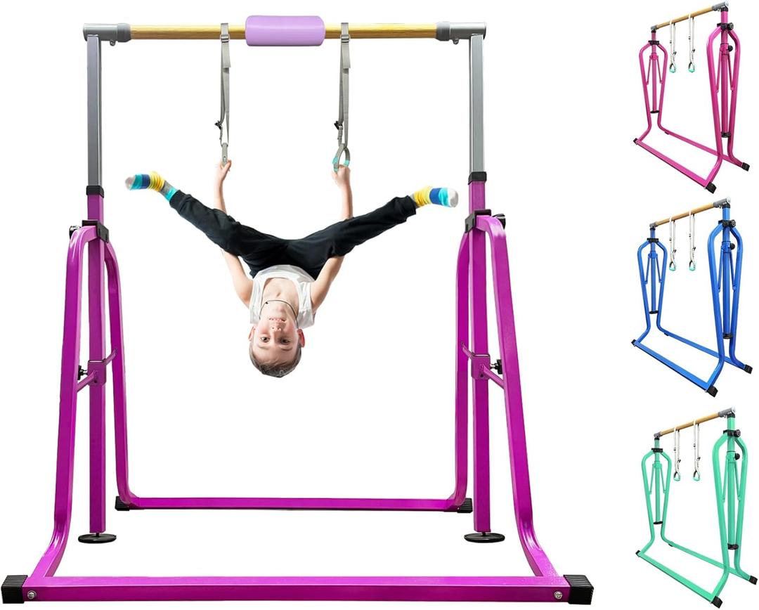 kechery Foldable & Moveable Gymnastics Horizontal Bar with Rings, 3’to 5’Adjustable Height Expandable Junior Kip Bar for Home, Indoor Gym Equipment for Kids (Foldable Purple with Rings)