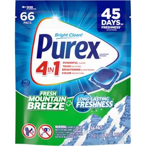 Purex 4-in-1 Laundry Detergent Pacs, Mountain Breeze, 66 Count, Brightening and Whitening, Powerful Clean, Tough on Stains, Boost of Freshness