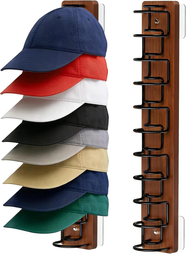 Hat Organizer for Baseball Caps 2 Pack - Wood & Metal Wall Hat Rack with Strong Adhesive & Screws, Holds Up to 22 Caps, Dual U-Slot Design Prevents Deformation, Hat Storage for Closet & Door (Brown)