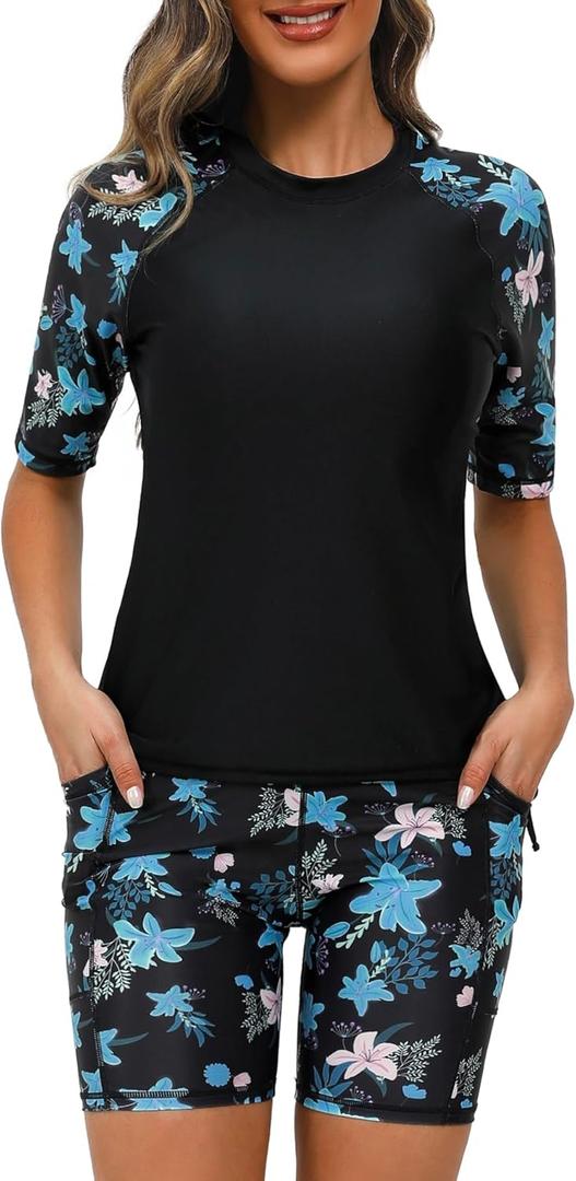 Tournesol Women's Two Piece Rash Guard Short Sleeve Swim Shirts UPF 50+ Built in Bra Swimsuit with Boyshorts with Pockets (Large, Black & Blue Flower)