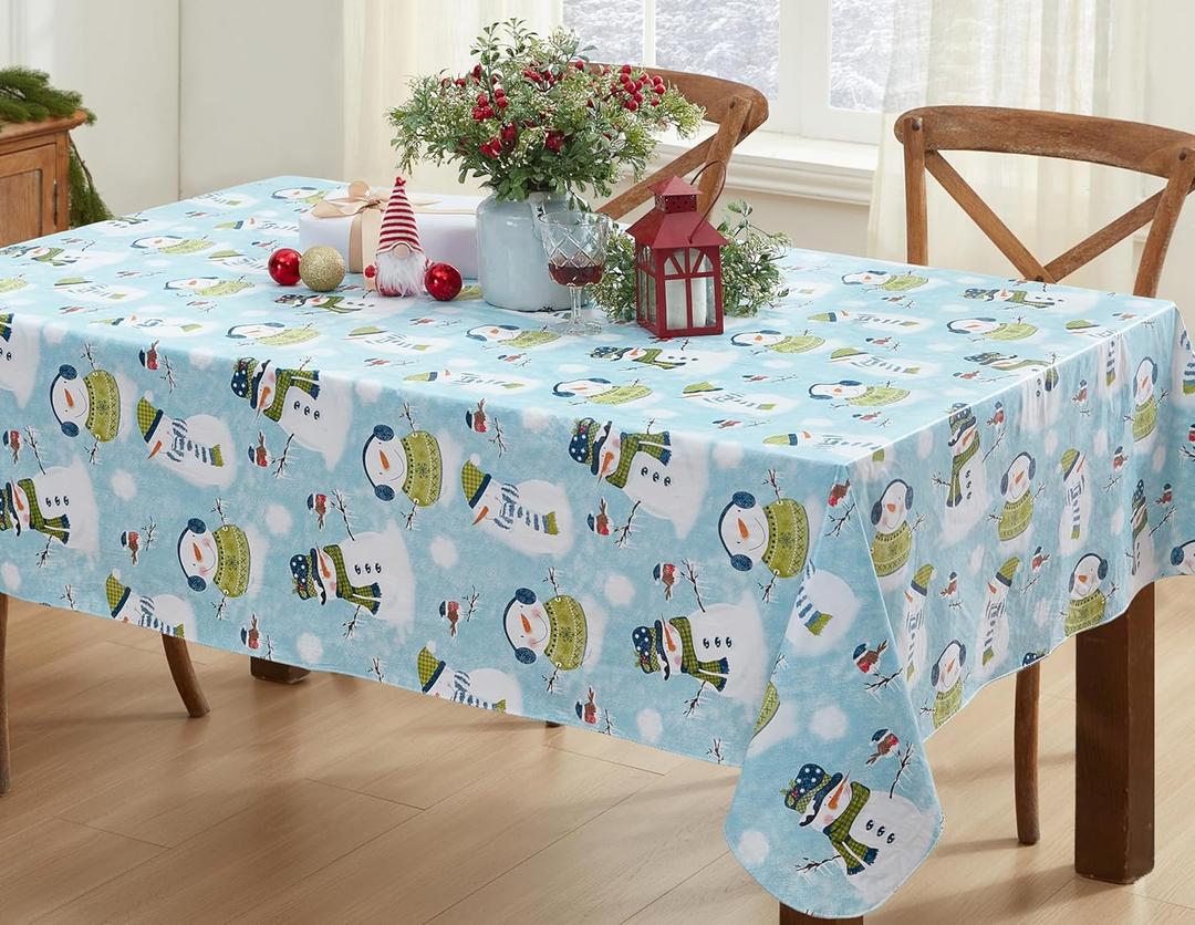 Newbridge Christmas Blue Snowy Snowman Vinyl Tablecloth with Flannel Backing, 60 x 102 Inch Rectangle, Cute Snowmen in Scarves & Hats, Winter Holiday Kitchen Dining Table Cover