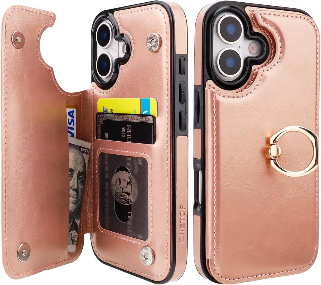 ONETOP for iPhone 17 Wallet Case with Card Holder, 360 Rotation Ring Kickstand RFID Blocking PU Leather Double Magnetic Clasp Shockproof Cover for Women and Girls 6.3 Inch (Rose Gold)