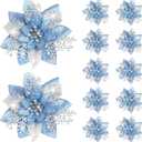 12 Pieces 5.7 Inch Christmas Poinsettia Flower Christmas Glitter Artificial Flower with Clips Xmas Tree Ornament for Wreath Garland Party Decor (Sky Blue)