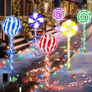 ElectricWise Christmas Lollipop Pathway Lights Outdoor, 27.5 Inch Peppermint Pathway Lights, Set of 6 Outdoor Christmas Decorations with 5 Modes and Music for Holiday Patio Yard Garden(Colorful)