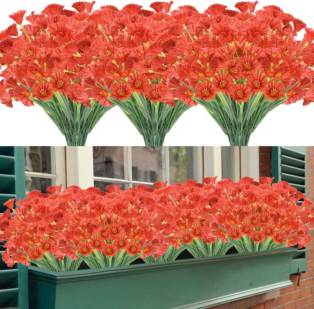 Artificial Flowers 12 Bundles Outdoor UV Resistant Fake Flowers No Fade Faux Plastic Greenery Shrubs Garden Porch Window Box Decorating (Orange)