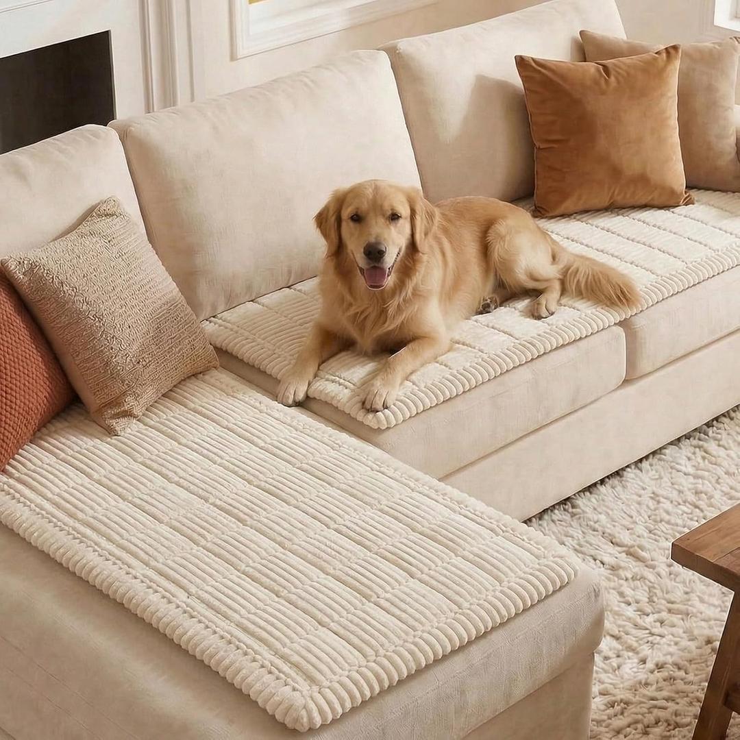 Britimes 2 Pieces Sectional Couch Covers for L Shape Sofa, Fuzzy Dog Couch Cover for 3 Cushion Couch, Non Slip Plush Sofa Slipcover, Washable Furniture Protector from Pets (White, 28" x 59"/70x150cm)