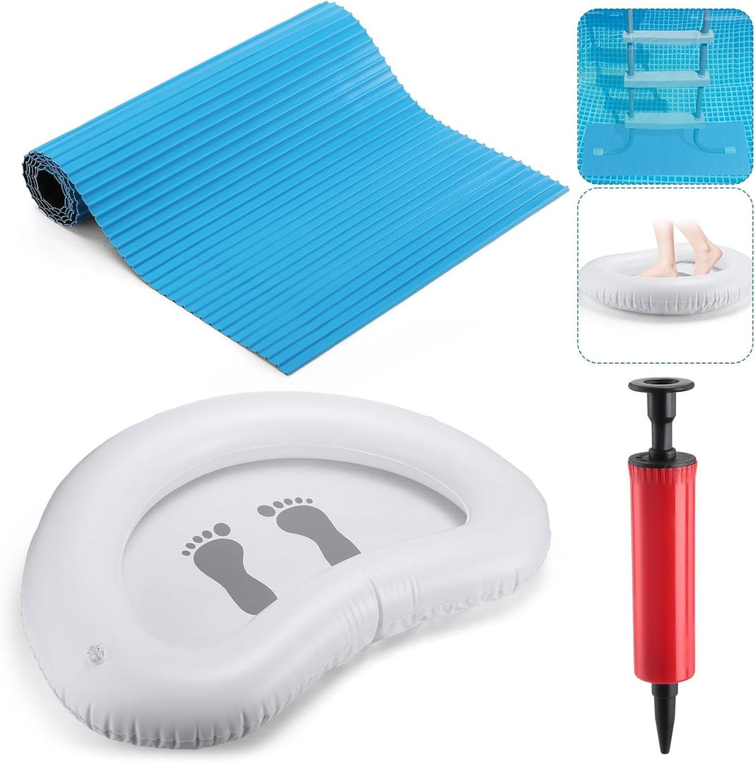 Tinideya 36'' x 9'' Summer Protective Ladder Mat Inflatable Portable Foot Soaking Basin Set Pool Step Pad with Non Slip Stripe Portable Pool Foot Soak Washing Tub for Swimming Pool Spa Supplies