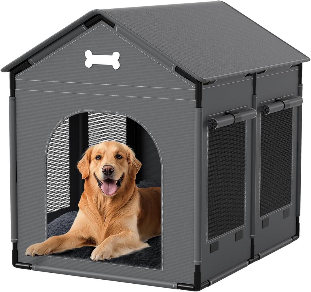 Extra Large Dog House Indoor with Plush Cushion, Dog Kennel for Inside with Sturdy Frame, Waterproof Pet House Suitable for Medium Large Dogs, 34x27x34in, Gray
