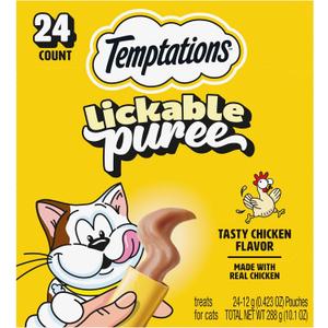 Temptations Creamy Puree Squeezable Lickable Cat Treats, Wet Cat Treats with Chicken, 0.42 oz. Tubes, 24 Count (EXP 10/15/27)