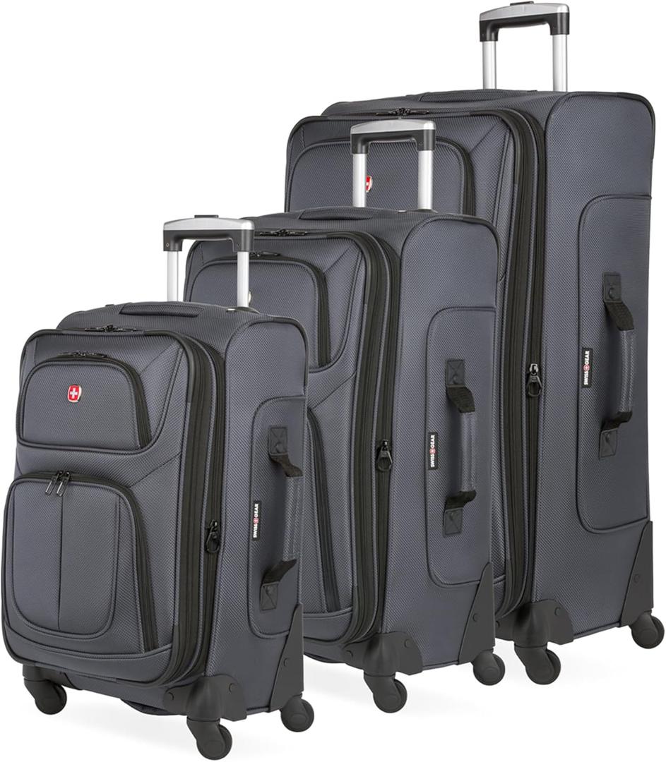 SwissGear Sion 3-Piece Set, Softside Expandable Luggage  21 Inch Carry-On & 25 & 29 Inch Checked Suitcases with 360 Degree Wheels & Retractable Handless  Dark Gray