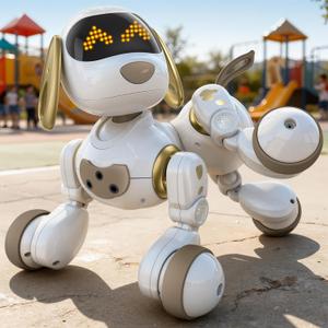 Ruko 18011 Smart Robot Dog, Interactive Puppy with 30 LED Expressions, Programmable Play, 2.4 GHz Remote & Gesture Control, Toy for Kids Age 3+ (White & Gold)