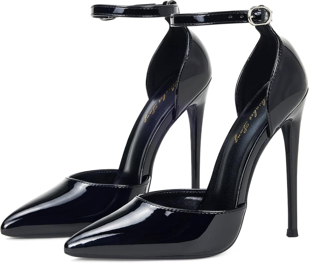 Elisabet Tang High Heels, Women Pumps D'Orsay Ankle Strap Pointed Toe Stiletto Heels Party Wedding Shoes Black Size 6