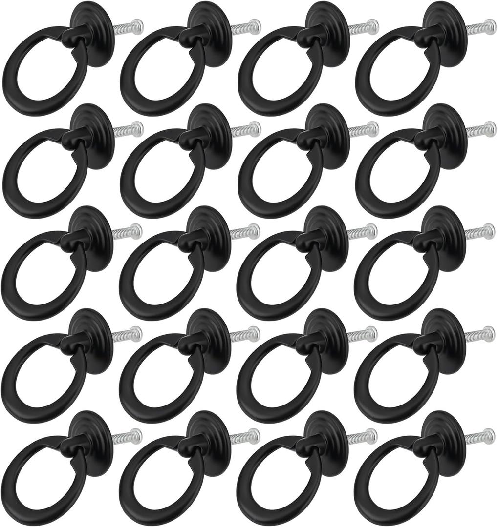 20pcs Pull Handle Draw Ring Knob Single Hole Round Cabinet Knob with Screws Suitable for Drawers Doors Cabinets Boxes Wardrobes Etc Black