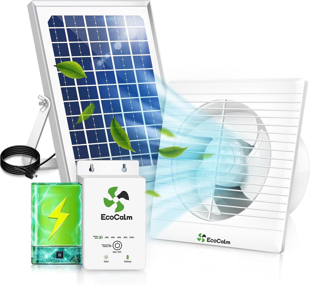 Solar Powered Fan with Battery, 6 Solar Fan for Chicken Coop with 12W Bifacial Solar Panel, Outdoor Greenhouse Exhaust Fan with Anti-backflow Valve