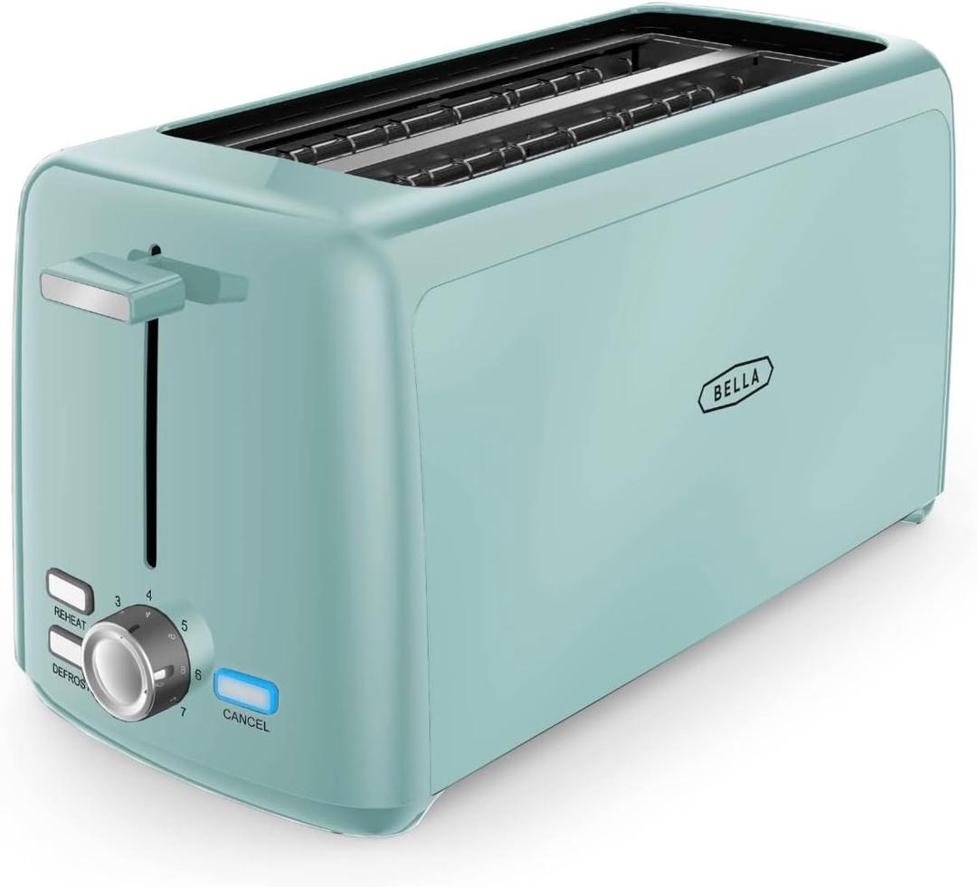 BELLA 4 Slice Toaster, Long Slot & Removable Crumb Tray, 7 Shading Options with Auto Shut Off, Cancel & Reheat Button, Toast Bread & Bagel, Aqua