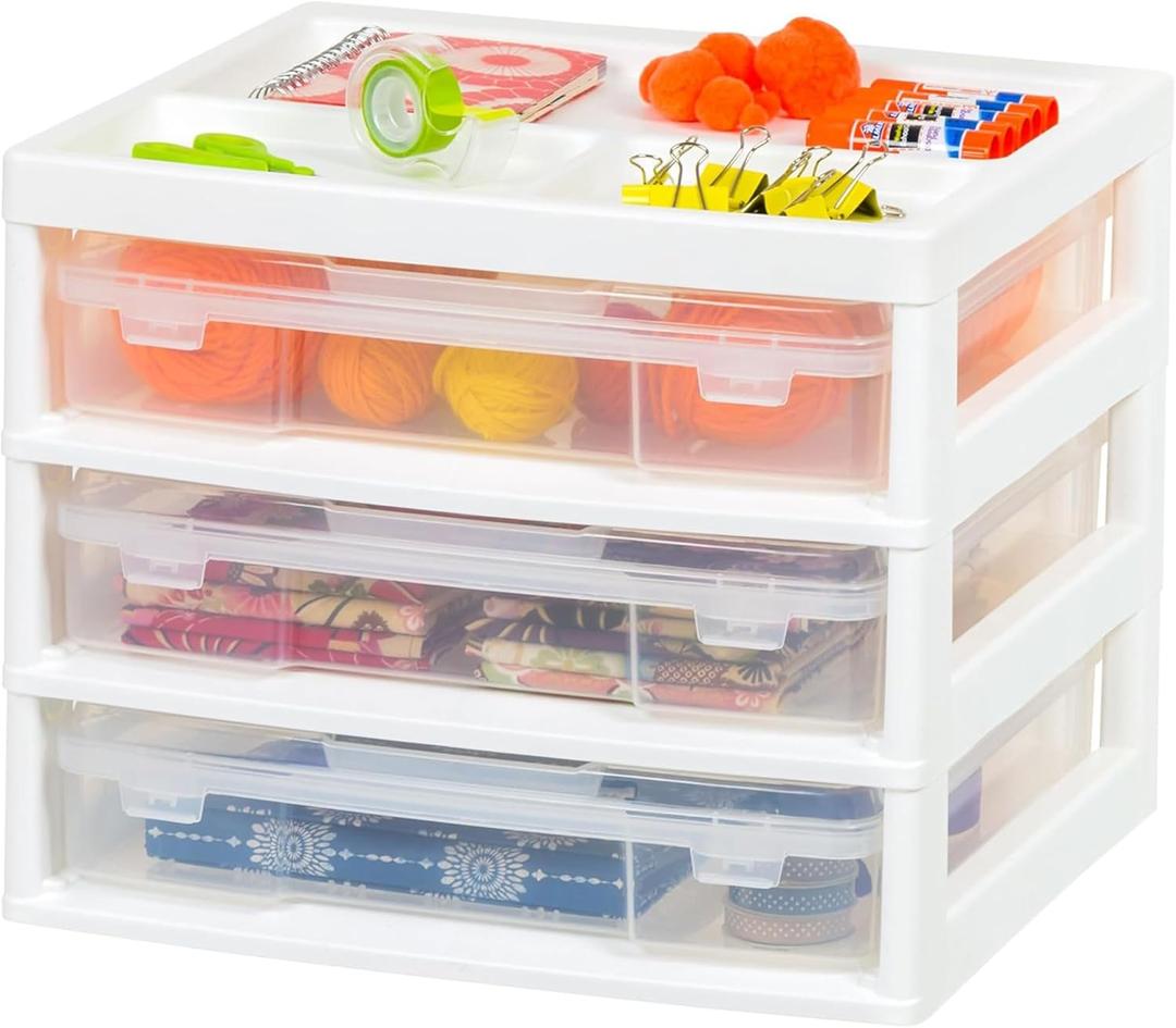 IRIS USA Fits 12" x 12" Paper, 3-Tier Desk Top Storage Unit with Organizer Top, for Office Art & Craft Supplies, Pens Pencils Sticky Notes Paper Clips, 3 Clear Cases w/ Built in Handle - White/Clear