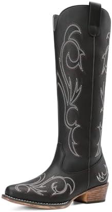 DREAM PAIRS Womens Cowboy Boots Comfortable Cowgirl Knee High Boots Pull On Side Zipper Chunky Heel Embroidered Western Boots, Size: 8.5