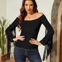 Fringe Tops for Women Western Cowgirl Off The Shoulder Fall Long Sleeve with Tassels Stretchy Crop Shirts Blouses (Black, XXL)