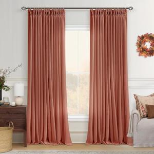 Terracotta Pinch Pleat Semi Sheer Linen Curtains 90 Inch Long Rustic Drapes, 40"W x 90"L