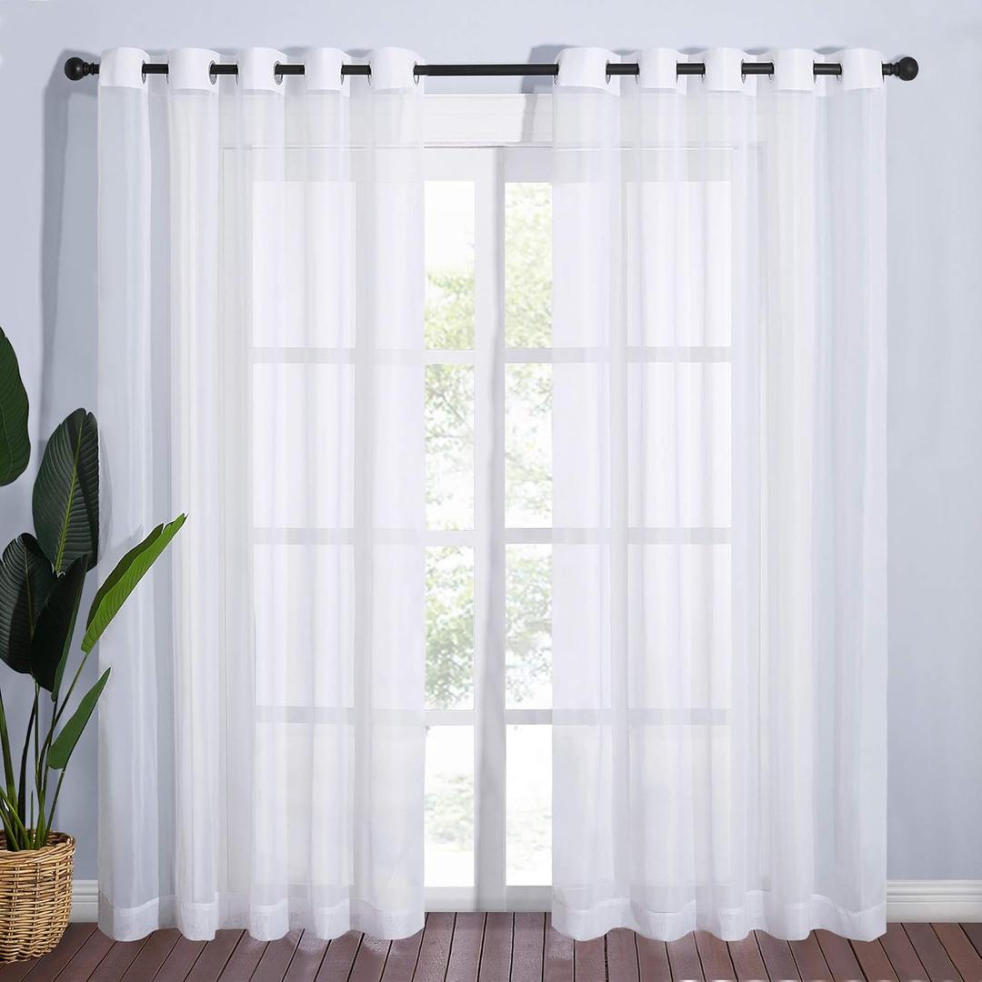 NICETOWN Living Room Window Curtains Sheer Textured 84" Long, Grommet Casual Voile Sheer Airy Window Treatments for Sliding Door, 140" Wide Total 2 Panels, White