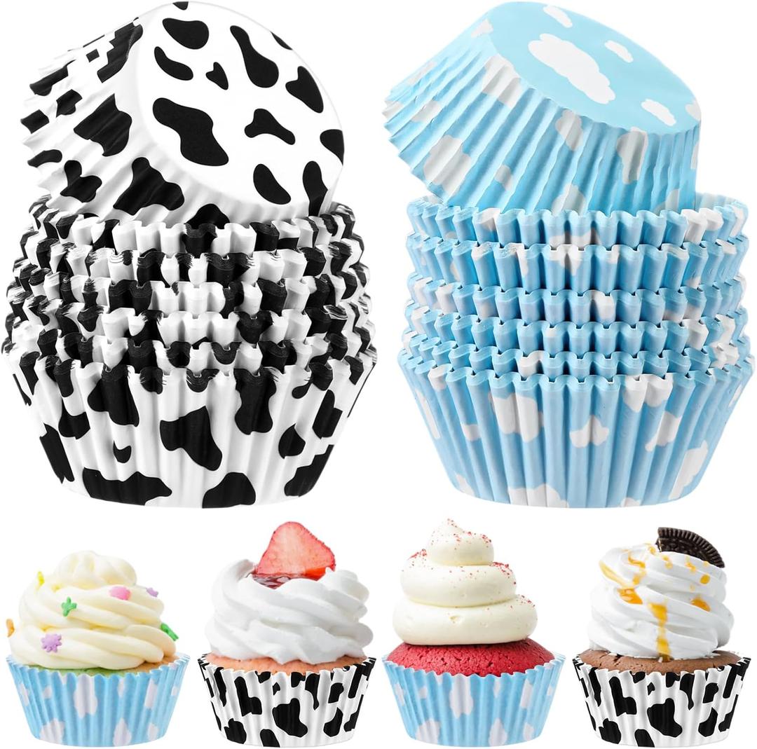 Cunhill 300 Pcs Paper Baking Cups Include 150 Cloud Blue Cupcake Liners 150 Cow Print Cartoon Story Cupcake Topper for Cake Balls Muffins Toy Theme Birthday Baby Shower Party Supplies