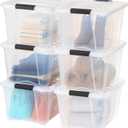 IRIS USA 32 Qt Stackable Plastic Storage Bins with Lids, 6 Pack - BPA-Free, Made in USA - See-Through Organizing Solution, Latches, Durable Nestable Containers, Secure Pull Handle - Clear (32 Qt. - 6 Pack, Clear)
