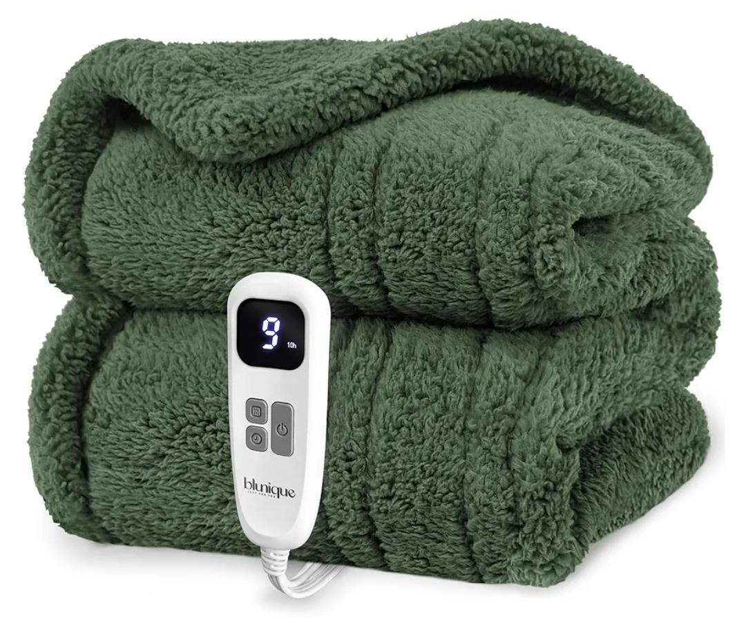 blunique Heated Blanket Electric Blanket Throw  Fast Heating Blanket Throw Double Sided Sherpa Ultra Soft Cozy with 10 Heating Levels & 210 Hours Auto Off, Mashine Washable, 50 x 60 Inches, Green