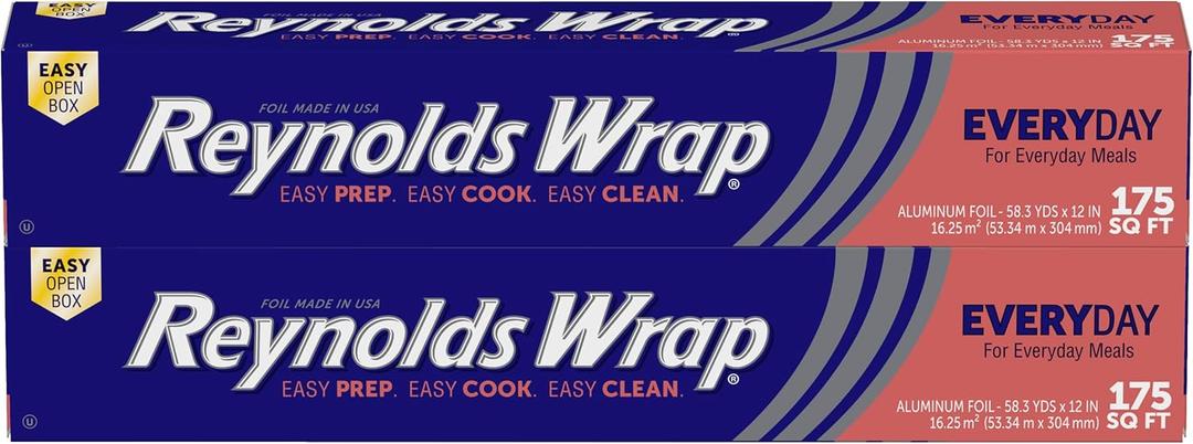 Reynolds Wrap Aluminum Foil Pack, Aluminum Foil Roll Double Pack, Easily Moldable Around Food for a Tight Seal, Great for Covering Dishes and Storing Leftovers, 2 Pack, 175 Sq. Ft. Rolls