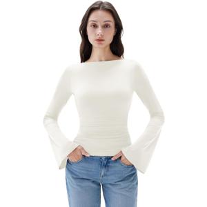 SUUKSESS Women Crew Neck Bell Sleeve Tops Double Lined Going Out Fitted Basic T Shirts (Small)