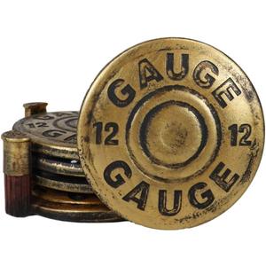 Ebros Gift Western 12 Gauge Golden Bullet Shells Round Coaster Set with 4 Coasters and Sculptural Holder Decorative Figurine 5" Wide Rustic Country Furniture Protector Accent