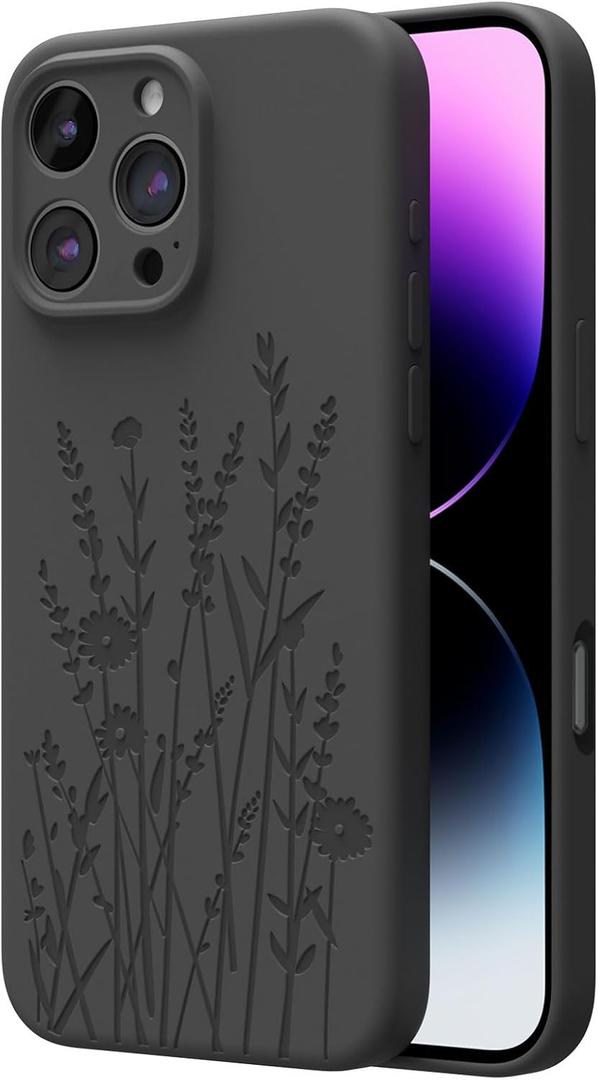 OAOA Magnetic Engraved Case Compatible with iPhone 16 Pro Case, Compatible with Magsafe, Camera All-Round Protection, Slim Liquid Silicone Phone Case for Women Girls, Black Flower