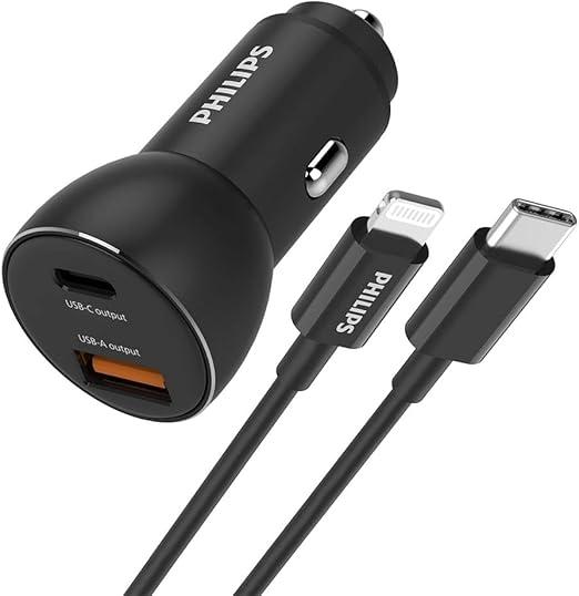 PHILIPS Car charger USB A-C - DLP2521C/04 - Black - incl. USB-C-Lightning Cable - Cigarette Lighter - iPhone Car Charger - 36W Fast Charge