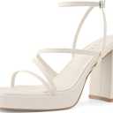 Shoe'N Tale Platform Heels for Women Strappy Block Chunky Heels Square Toe Ankle Buckle Sandals, Color: Beige Ivory, 5