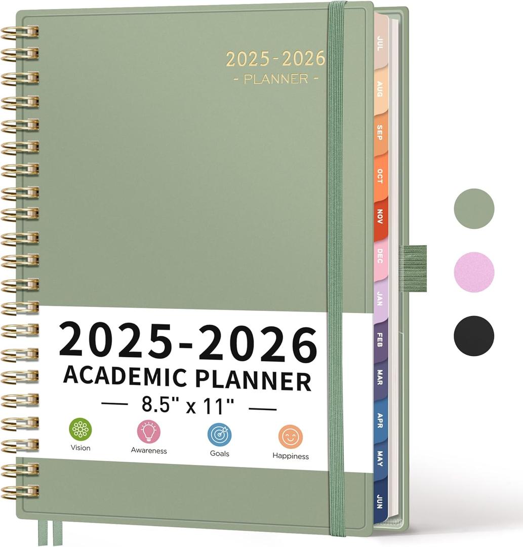 RETTACY Academic Planner 2025-2026, Weekly and Monthly, Large Size (8.5" x 11"), July 2025 - June 2026, for Women, Teacher, Student, School, 12-Month Tabs, Flexible Plastic Cover (Light Green)