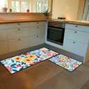 Kitchen Rugs and Mats Set of 2 Pieces Anti Fatigue Standing Mat Multicolor Floral Blue Leaves Summer Spring Non Slip Washable Comfort Flooring Carpet Runner for Kitchen Home