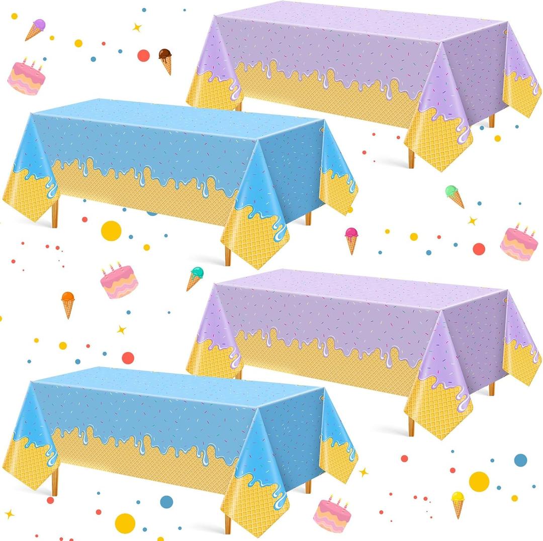 Oudain Disposable Ice Cream Tablecloth 4 Pack, 54x108 Inch Plastic Rectangle Table Covers for Ice Cream Birthday Decorations, Sweet One Party, Indoor & Outdoor(Blue,Purple)