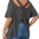 RoseSeek Women's Plus Size Cut Out Criss Cross Back Tee Open Back Short Sleeve Crew Neck Athletic Workout Tops (Gray)