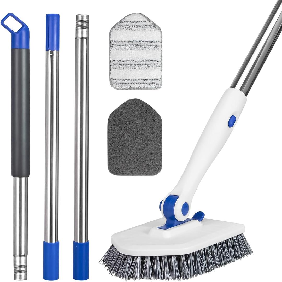 Tile Tub Scrubber Brush with 52-inch Adjustable Long Handle 3-in-1 Rotatable Shower Brush for Cleaning3 Different Replacement Brush Heads for Cleaning Tub Tile Bathroom Kitchen Walls Blue