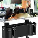 Car Headrest Backseat Cup Holder 3.7" with Organizer, High Capacity 4 in 1 Seat Back Organizer with Headrest Hooks, Multifunctional Storage for Car Travel Accessories Compatible with Most Vehicles (GREY+BLACK)