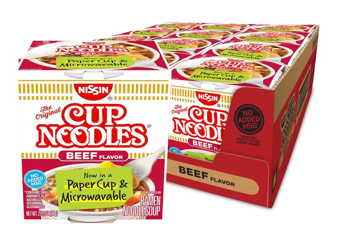 Nissin Cup Noodles Soup, Beef Flavor, Microwaveable Paper Cups, Instant Ramen, 2.25 Ounce (Pack of 12), Best By 06/27/2026