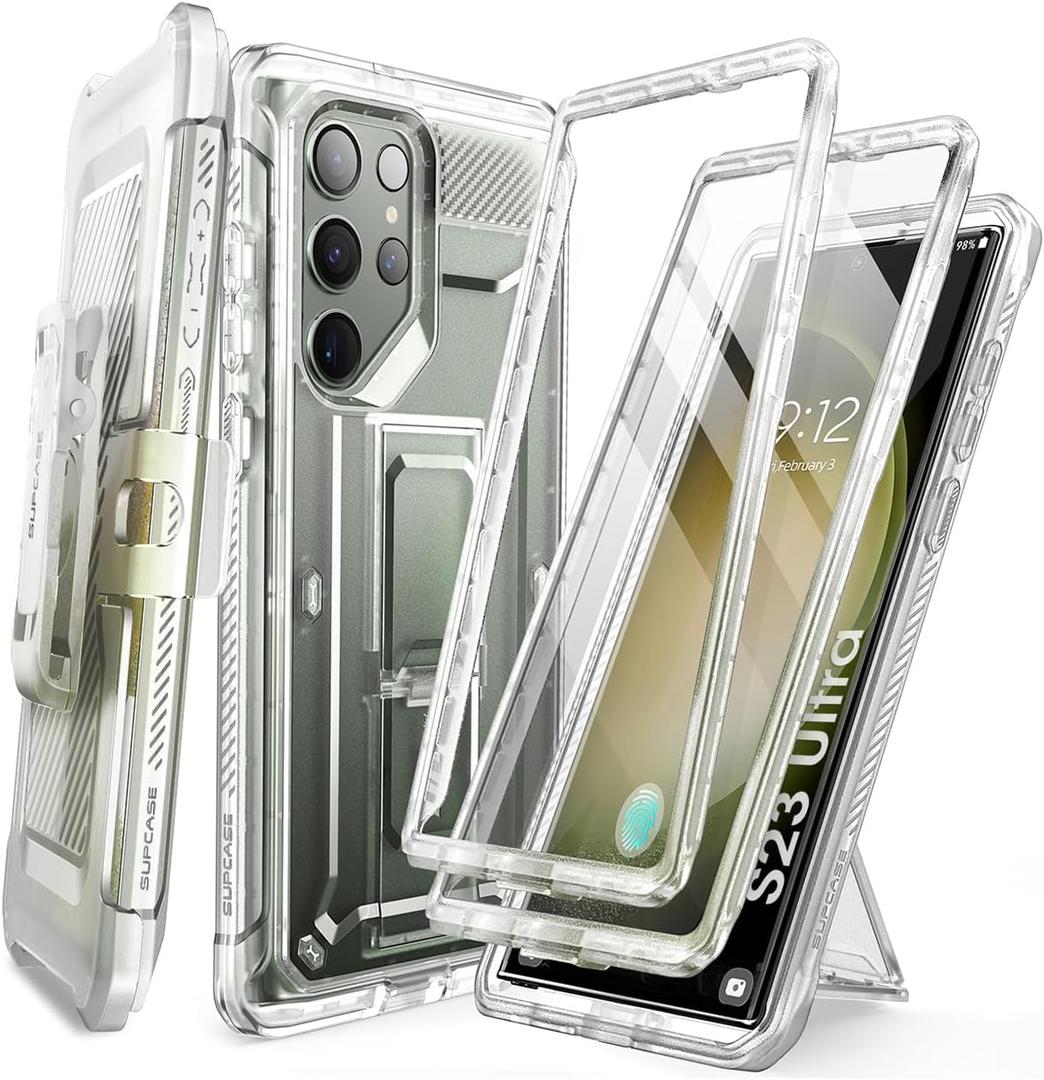 SUPCASE for Samsung Galaxy S23 Ultra Case with Stand, [Unicorn Beetle Pro] [2 Front Frames] [Built-in Screen Protector & Belt-Clip] Military-Grade Protection Phone Case for Galaxy S23 Ultra, Clear