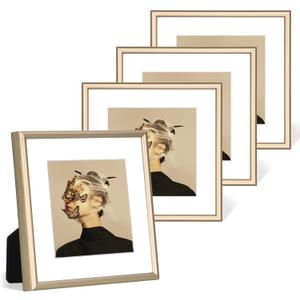 4x4 Picture Frame Set of 4, Matted Brass Simple Modern Brushed Thin Aluminum Metal Square Photo Frame Fits 3x3 with Mat or 4 x 4 without Mat Display For Tabletop or Wall Collage