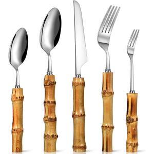 Eboot Bamboo Silverware Set 18/8 Stainless Steel Tableware Set Natural Utensil Flatware Kit Spoon Fork Knives Bamboo Handle Cutlery for Kitchen Wedding Home Restaurant Party(Silver,30 Pieces)