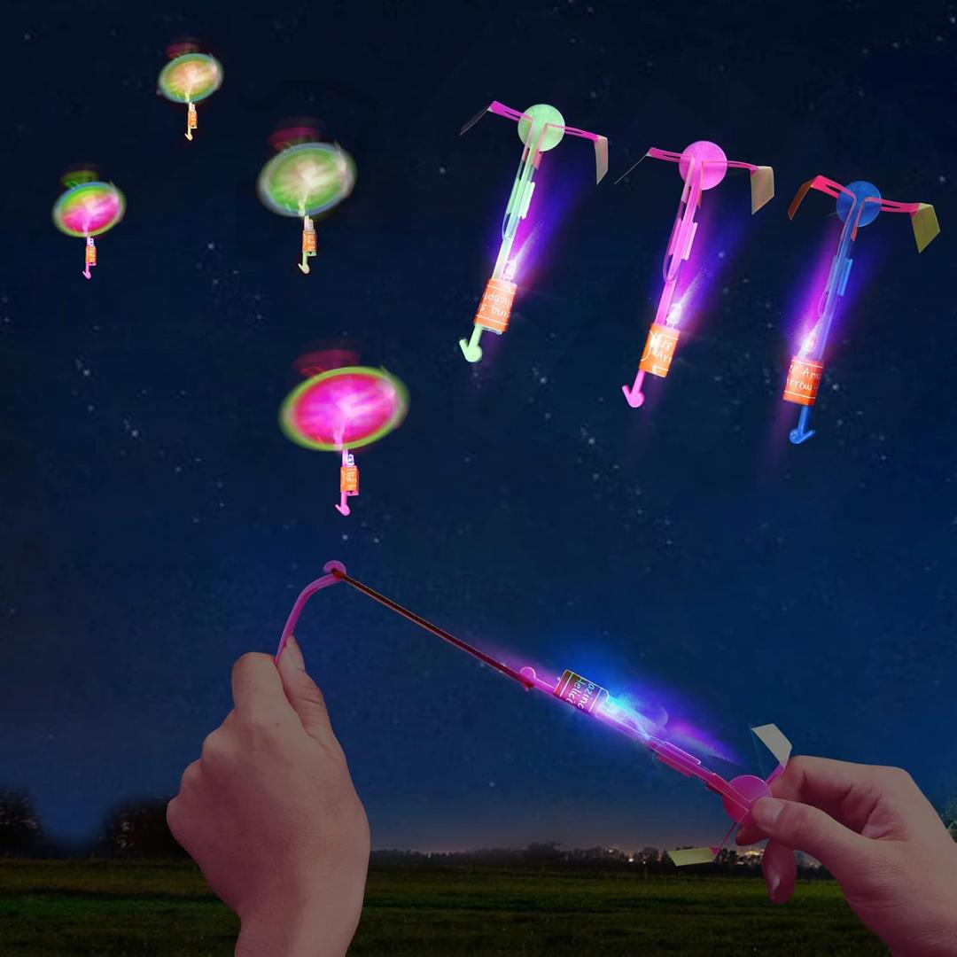 lpvoqpth 25 Sets LED Flying Set, 25 Slingshot+25 Glow Helicopter-50 Pcs, Flying Toy Outdoor Toys Glow in The Dark Party Supplies Party Favors for Kids 4-8