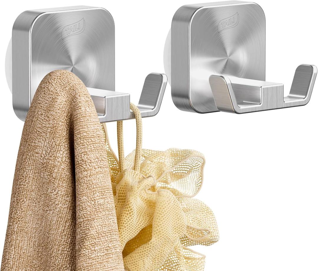 TAILI Patented Strong Suction Cup Hook, 304 Stainless Steel Bathroom Suction Cup Holder for Towel, Loofah, Bathrobe, Damage-Free Hanging Shower Wall Hook, Double-Hook Widening Design, 2 Pack, Silver