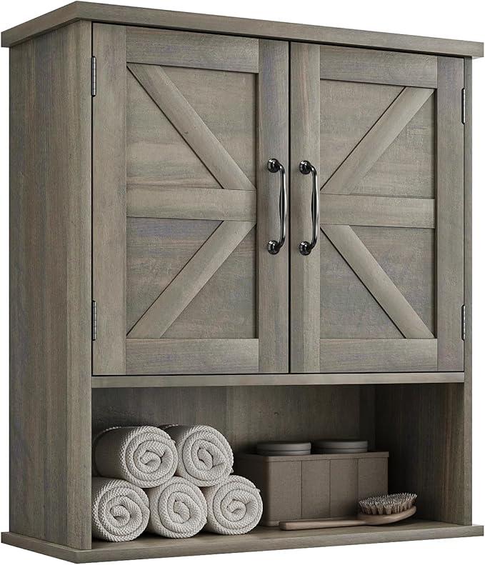 Bathroom Wall Cabinet with Barn Doors, Wall Mounted Bathroom Storage Cabinet, Farmhouse Style, Adjustable Shelf, Wall Mount, Gray