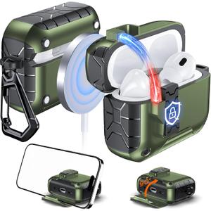 Anqrp MagArmor Auto-Open for AirPods 4th Generation Case with Built-in Magnets, [One-Press Auto-Open] [Compatible with Mag-Safe Charging], Full-Body MIL-Grade Protective with Air-AL Carabiner Green