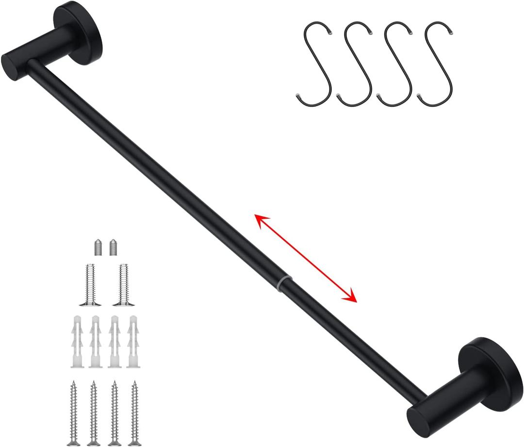 Adjustable Matte Black Bath Towel Bars 16 to 27.6 Inch, iMomwee 304 Stainless Steel Single Towel Rack, Wall Mounted Towel Rail Holder for Bathroom Washroom, Retractable Towel Rod with S Hooks
