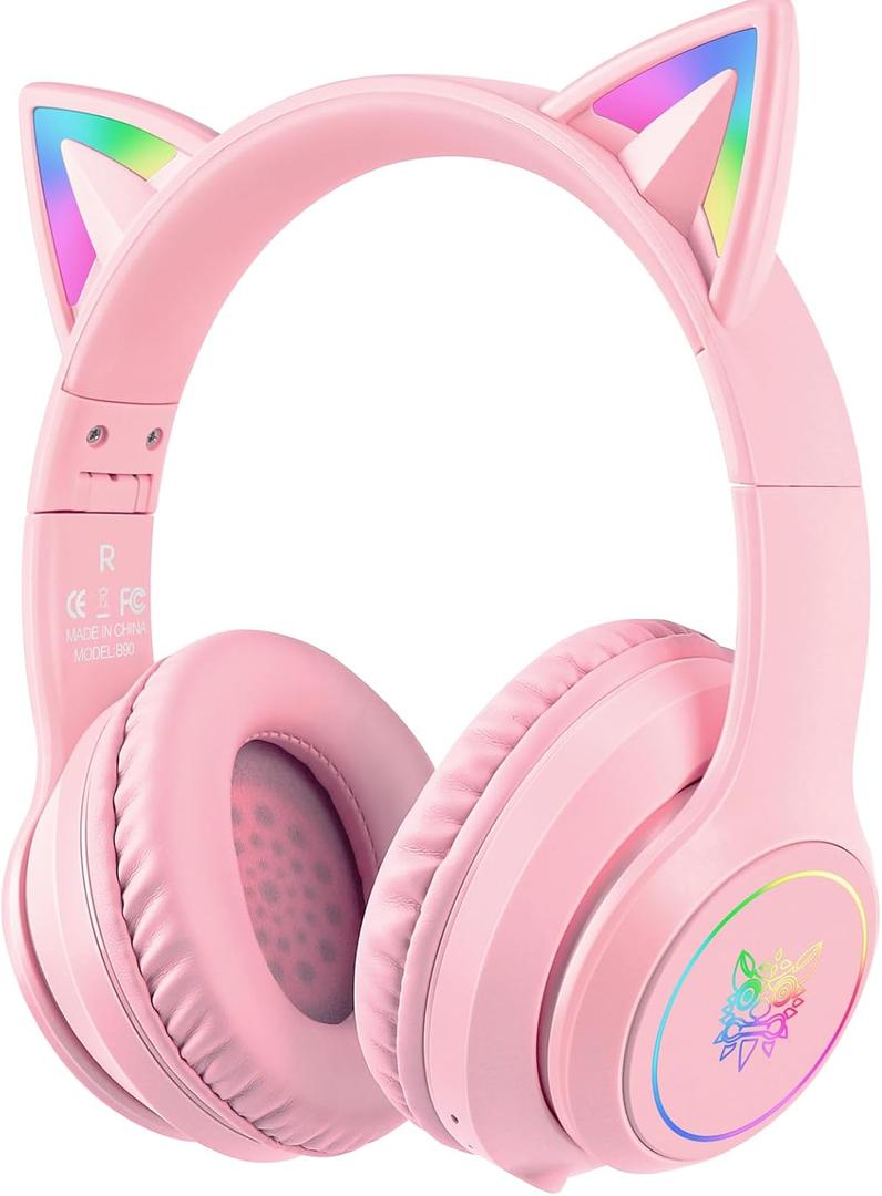 Bluetooth Kids Headphones with Microphone, Cat Ear LED Light Up and 85dB Volume Limited Toddlers Study Headphone, Wireless Foldable HI-FI sound Over-Ear School Headphones for iPhone/iPad/Laptop/PC